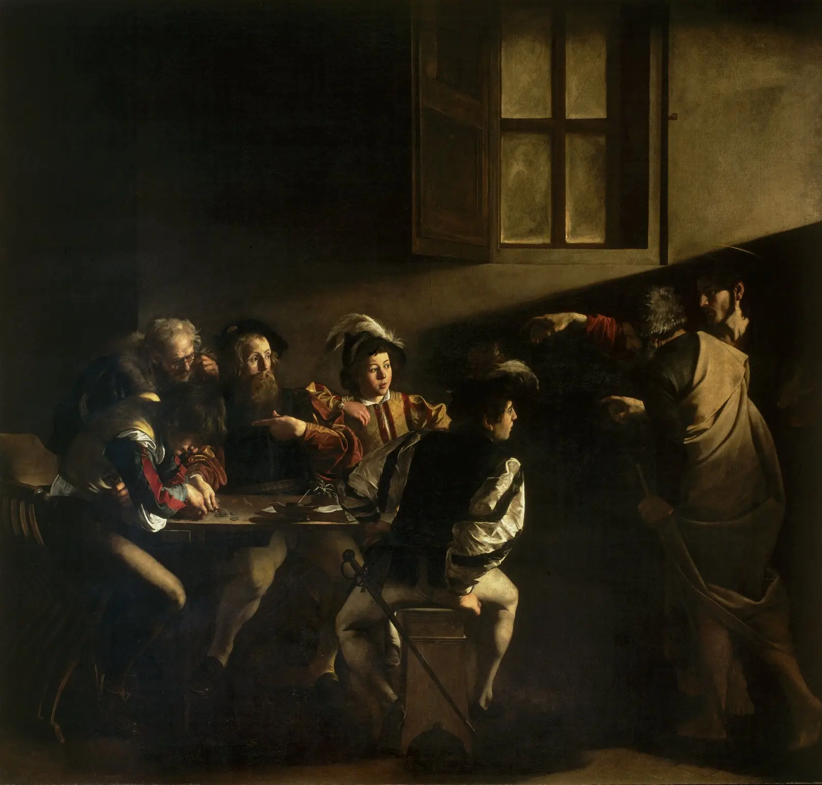 The Calling of Saint Matthew by Caravaggio, with a sharp beam crossing a dark room