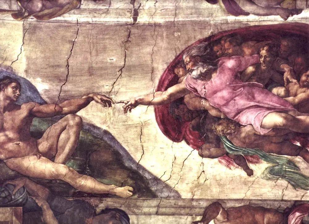 The Creation of Adam by Michelangelo, with God and Adam reaching toward each other across a small gap
