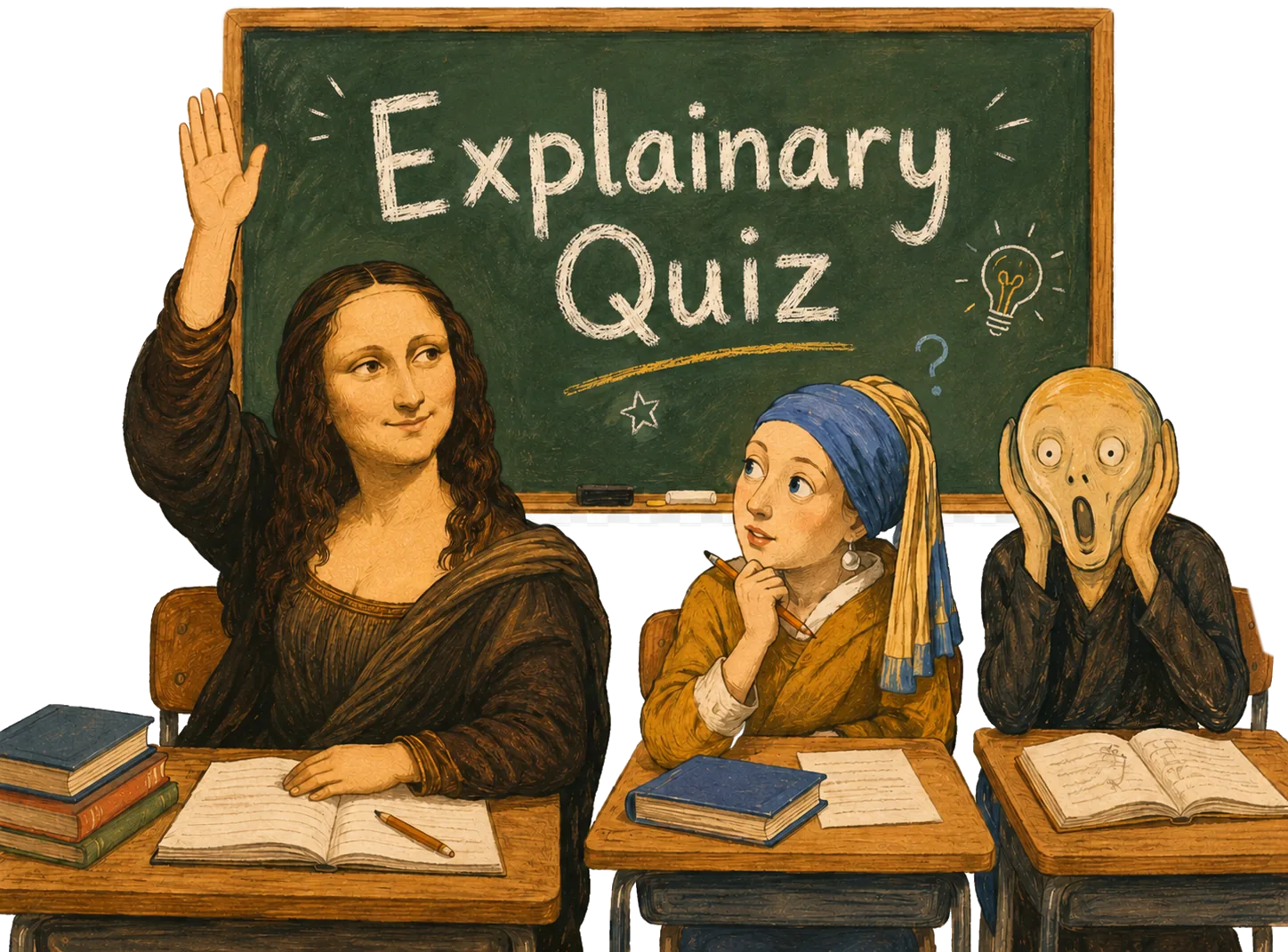 Illustrated Explainary quiz classroom with art characters seated before a chalkboard