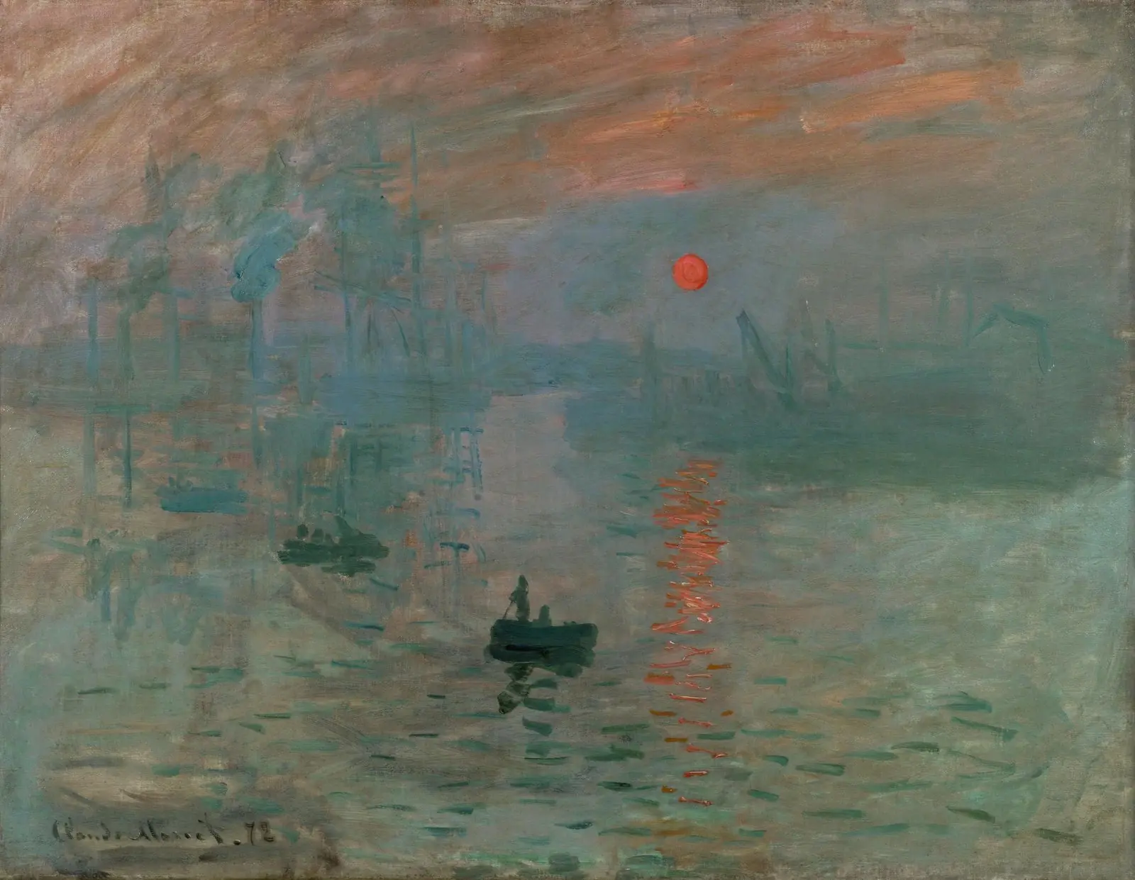Impression, Sunrise by Claude Monet, a misty harbor with an orange sun and loose brushwork