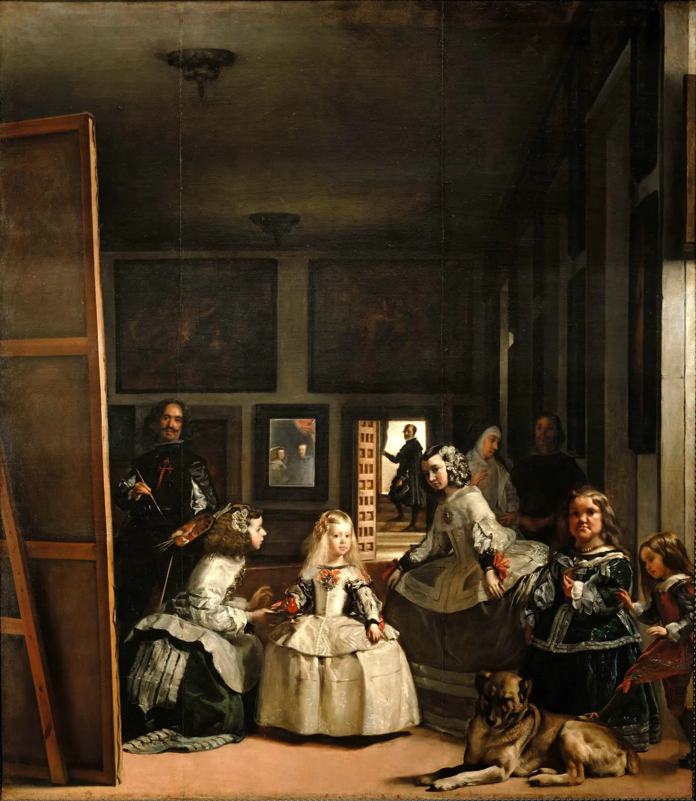 Las Meninas by Diego Velázquez, with the infanta, attendants, painter, mirror, and court interior arranged in a complex visual space