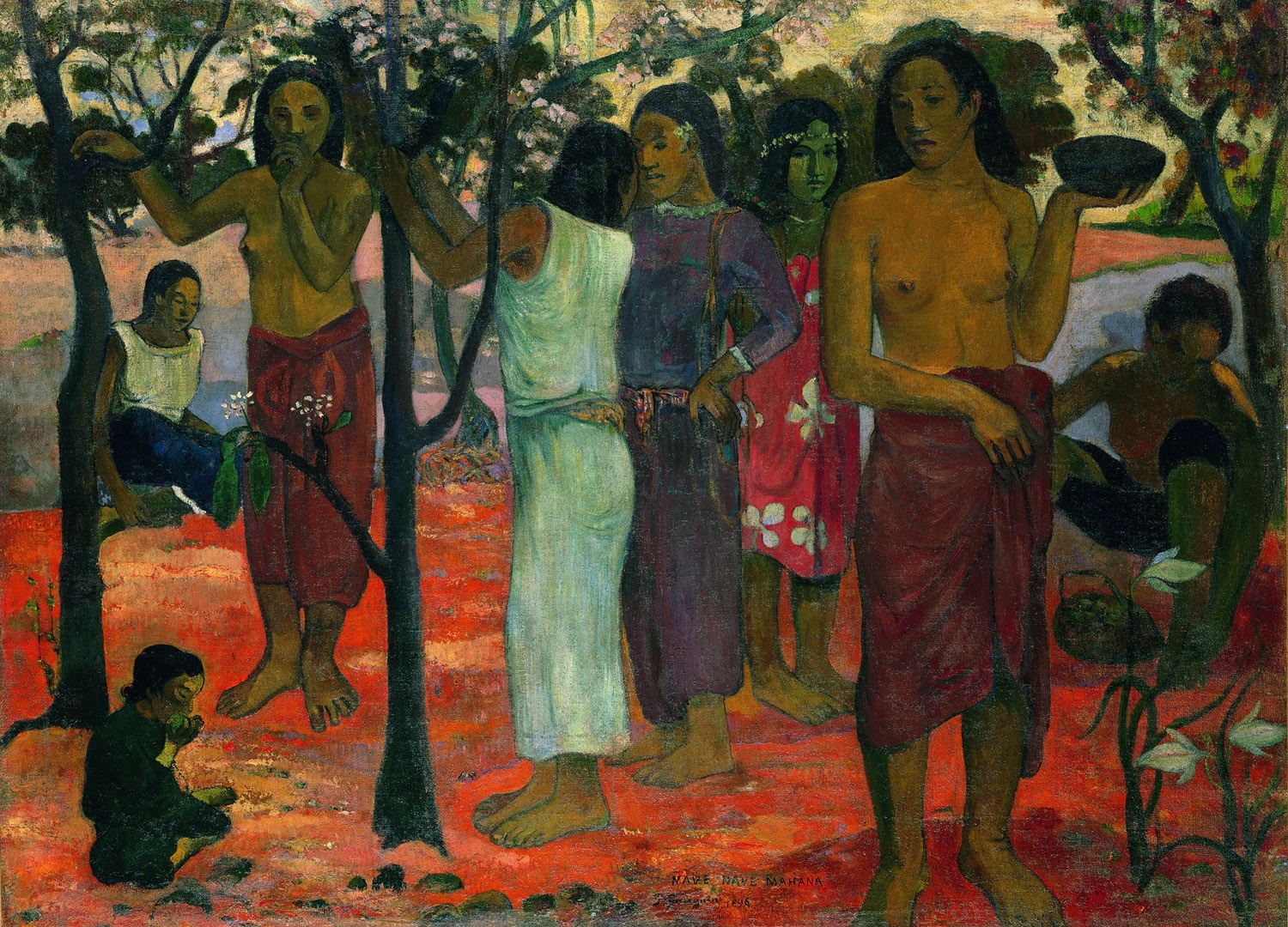 Gauguin's Nave Nave Mahana, Tahitian figures on red ground beneath dark trees