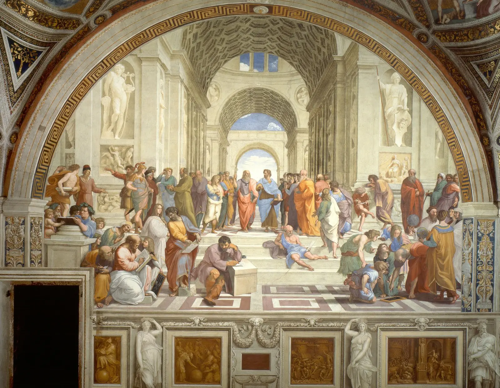 The School of Athens by Raphael, with philosophers arranged inside a clear architectural space