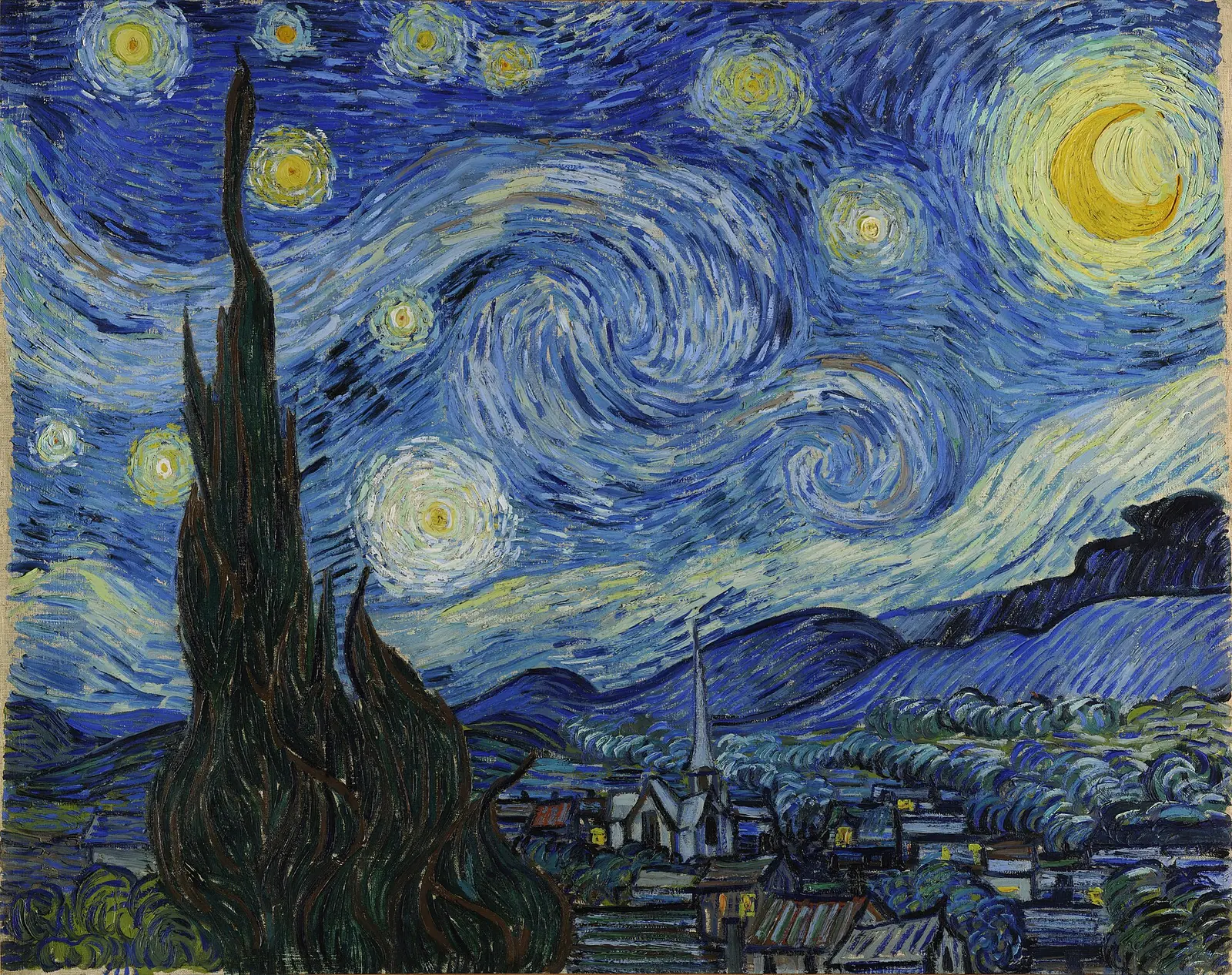 The Starry Night by Vincent van Gogh, with a cypress, village, and swirling blue sky
