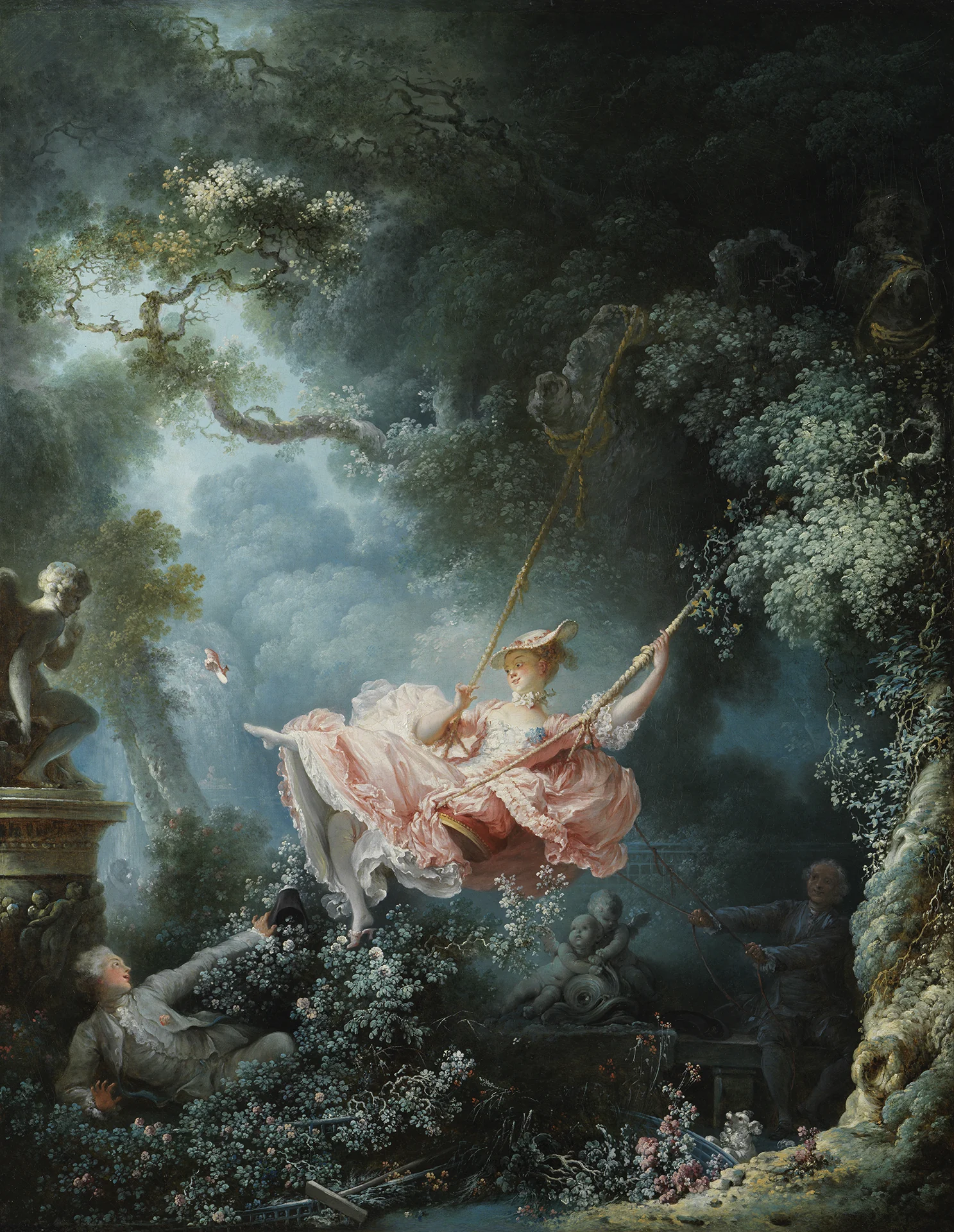 The Swing by Jean-Honoré Fragonard, a Rococo garden scene of flirtation and hidden spectatorship